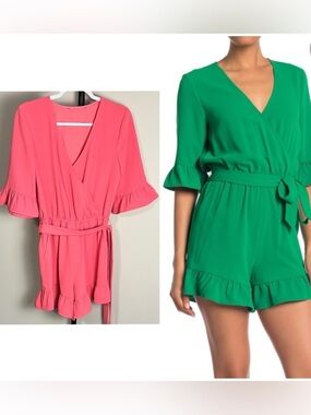 Trina Turk Romper Te Amo Vibrant Pink Ruffle Surplice Wrap V Neck Small